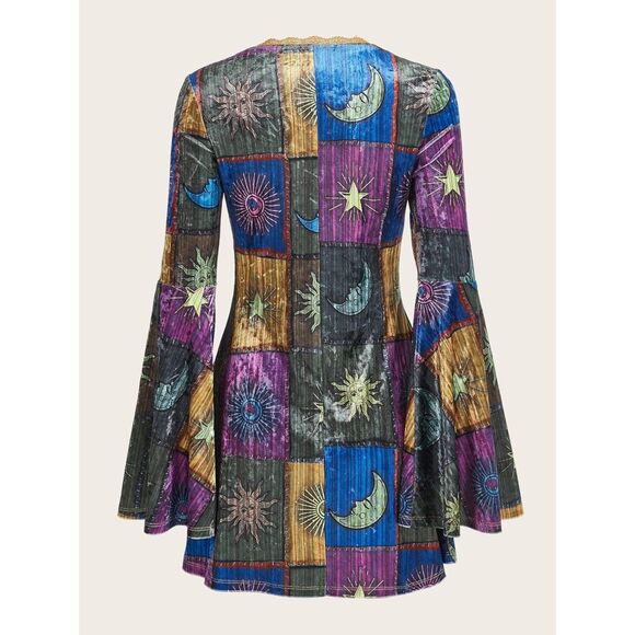 Shein -  Grunge Sun & Moon Print Contrast Lace Flounce Sleeve Dress  Sz XS - Picture 5 of 12